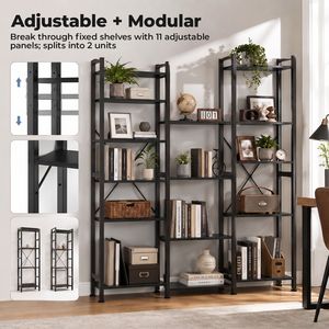 Three Column Four Layer <b>Solid</b> <b>Wood</b> Bookshelf Wide <b>Bookcase</b> with 11 Adjustable Open Shelves - Product Image 3