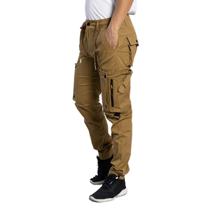 Wholesale Men's Cotton Twill Joggers <b>Elastic</b> <b>Belt</b> Drawstring Closure Button Up Daily Wear Trousers Low MOQ Khaki 6 Pockets Pants - Product Image 3
