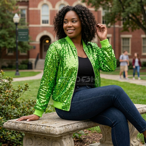 Cosh International New Arrival Custom <b>Green</b> <b>Sequin</b> Varsity Sisterhood Bomber <b>Jacket</b> Windproof Sorority Satin Greek Apparel - Product Image 3