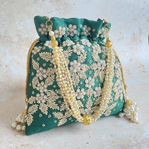 Flat Ethnic Jaipuri Silk Indian Wedding Zardozi Work Potli Bag Silk Embroidery Handwork Handbag - Product Image 3