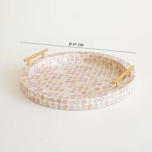 Gold accent tray Mother of pearl tray Round <b>spotted</b> <b>dot</b> decorative dish with built in metal handles for rooms - Product Image 4