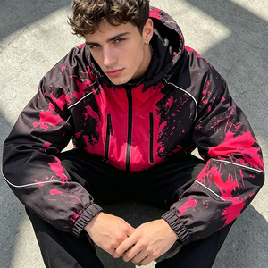 Blouson Bomber Homme en PU à Capuche Imprimé Éclaboussures Rose et Noir Imperméable Streetwear Fermeture Éclair Coupe Droite Vêtement d'Automne - Product Image 4
