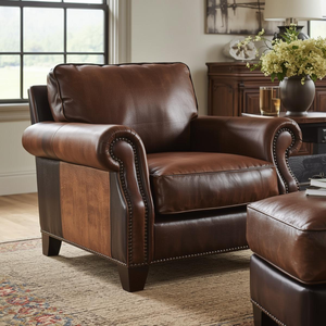 Premium Real <b>Leather</b> Armchair Traditional Style Single Sofa Rolled Arm Design Nailhead Trim Durable <b>Living</b> <b>Room</b> Seating - Product Image 1