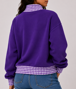 Sweat-shirt à col roulé violet pour femme 1907, patchwork à carreaux, imprimé lettres, en polaire, style streetwear décontracté, pour l'automne - Product Image 6