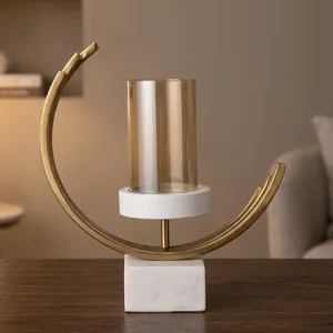 Gold Finish Metal <b>Candle</b> Holder Decorative Tabletop <b>Candle</b> Stand Modern Home Decor Centerpiece with <b>Marble</b> Base - Product Image 4