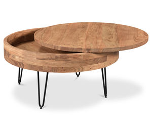 Mesa de centro con almacenamiento, diseño moderno, esencial para la sala de estar, madera maciza de acacia, tapa redonda, patas cónicas tipo horquilla. - Product Image 3