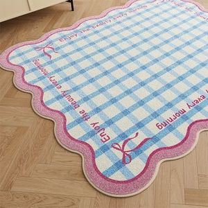 Tappeto Regionale a Quadri Blu e Bianco con Bordo Arricciato Rosa, Tappetino Antiscivolo, Set di Tappeti Decorativi per la Casa - Product Image 5