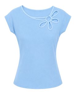 Manufacturer Custom Light Blue Women Casual Flower Neck T Shirt Soft Breathable Summer <b>Top</b> Short Sleeve Fashion Blouse Outfit - Product Image 1