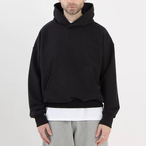 Custom Streetwear Blank Unisex Pullover <b>Black</b> Hoodies Luxury 100% Cotton Plain Heavyweight Oversized Fleece <b>Men</b> Cropped Hoodie - Product Image 1