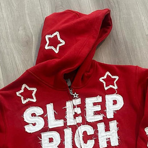 Sleep Rich <b>Red</b> Hooded <b>Sweatshirt</b> With White Stars Zipper Front Unisex Casual Knitted Cotton Autumn Wear - Product Image 4