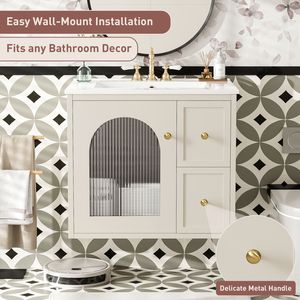 Mobile Bagno Sospeso da 24 Pollici per Spazi Ridotti con Lavabo in Ceramica, 2 Cassetti e 1 Anta con Chiusura Ammortizzata - Product Image 6