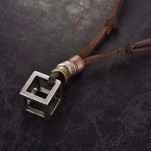 Vintage Alloy Cube Pendant Necklace for Men & Boys with Adjustable Pure Leather Cord - Product Image 4