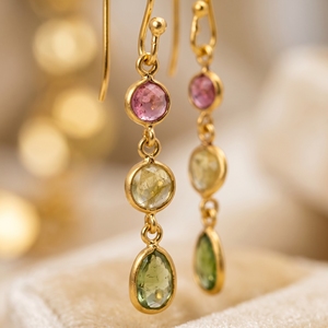 Boucles d'oreilles pendantes de luxe en argent sterling 925 plaqué or avec tourmaline multicolore pour femme, cadeau de mariage ou de fête - Product Image 3