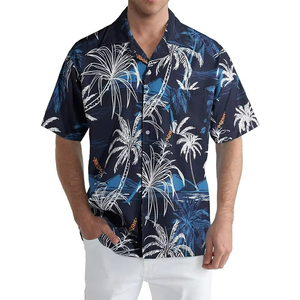 Camisa Hawaiana Azul Marino de Manga Corta para Hombre con Estampado de Palmeras, Cuello Camisero, Ropa Casual para Vacaciones en la Playa - Product Image 1