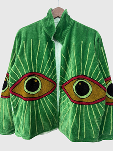 Blouson en velours vert brodé motif œil, col roulé, manches chauve-souris, grande taille, pour femme, collection automne - Product Image 6