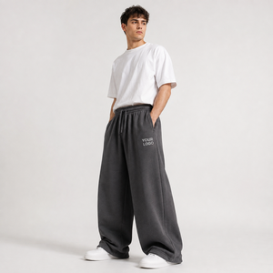 Pantalon de jogging décontracté gris pour homme, coupe oversize, jambe large, en molleton de coton, taille élastique avec cordon de serrage, poches, respirant, logo personnalisé - Product Image 6