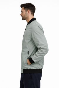 Mens Sage Green Bomber <b>Jacket</b> Premium Lightweight Windproof Fabric <b>Smart</b> Casual and Streetwear Style Classic Ribbed Black Collar - Product Image 2