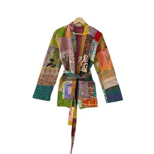 เข็มขัดเสื้อโค้ทสำหรับผู้หญิงเสื้อแจ็กเก็ตสำหรับฤดูหนาวผ้าคอตตอนสไตล์ฮิปปี้สไตล์กิโมโนงานเย็บปะทำด้วยมือ - Product Image 1
