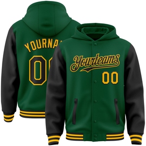 เสื้อแจ็คเก็ตฮู้ดดี้แบบมีฮู้ดสองสี รุ่น Letterman สีเขียว-ดำ-ทอง แบบติดกระดุมเต็มตัว จาก OMMIZ INDUSTRY ขายส่งโดยตรง - Product Image 1