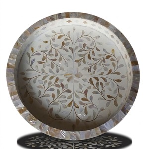 Handmade Round Rattan Serving Tray With Mother Of Pearl Inlay Decorative <b>Basket</b> For <b>Coffee</b> <b>Table</b> Breakfast And Home Decor - Product Image 2