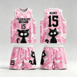 ชุดเสื้อบาสเก็ตบอลแบบยูนิเซ็กซ์พร้อมลายพิมพ์การ์ตูนแมวแบบซับลิเมชั่น 15 ทีมเนมซิตี้เสื้อกล้ามแขนกุดสีขาวและกางเกงขาสั้น - Product Image 6
