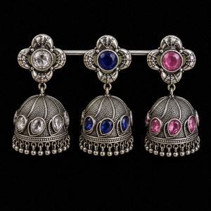 Bulk Order <b>Oxidized</b> Silver Indian Jhumka Dangle Earrings Exquisite Pattern Tassel Design Antique Silver Plated Custom Wholesale - Product Image 1