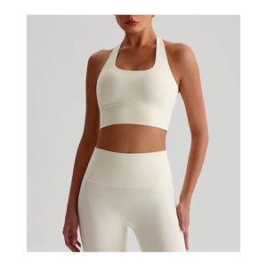 Women Strappy Crossback Sports Bra Cream Color Gym Workout <b>Top</b> - Product Image 4