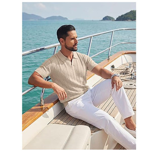 Men’s Beige Knitted Polo Shirt Short Sleeve Textured Stripe Polo Shirt Breathable Fabric Casual Wear OEM ODM Available - Product Image 5