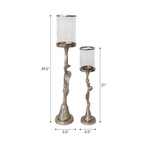 Set Of <b>Hurricane</b> <b>Candle</b> Holders Features Striking Organic Form Base With Textured Metallic Finish With Clear Glass Cylinders - Product Image 3