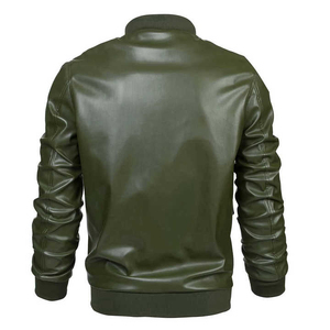 Blouson bomber en cuir PU vert olive pour homme, col montant, fermeture éclair, coupe ajustée, longueur standard, couleur unie, style moto - Product Image 2