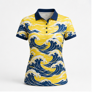 Polo à manches courtes pour femme avec logo personnalisé, motif vague océanique jaune et bleue, séchage rapide, sublimation, vêtements de sport de golf - Product Image 3