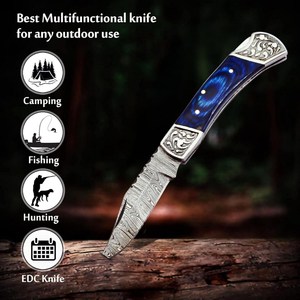 Couteau pliant de survie pour le camping en plein air, de qualité industrielle, gravé à la main, lame en acier Damas, couteau de poche pour le camping et la chasse - Product Image 5