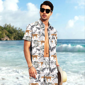 Mens Printed Button Up Shirt Shorts Set Tropical <b>Animal</b> <b>Pattern</b> Summer Beach Two Piece Outfit Casual Wear - Product Image 1