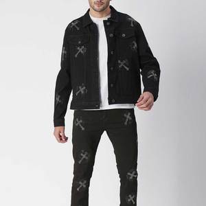 WATZY SPORTS Veste en jean noire pour homme, motif lettres, col rabattu, coupe droite, simple boutonnage, coton respirant, style urbain - Product Image 4