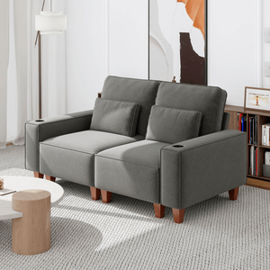 Divano Moderno e Accogliente a 2 Posti in Ciniglia con Seduta Profonda, Portabicchieri in Acciaio Inox Spazzolato e 2 Cuscini Decorativi per Soggiorno - Product Image 3