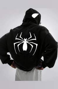 Sweat à capuche oversize en molleton pour homme, design araignée moderne, automne, polyester et coton durables, tenue décontractée streetwear - Product Image 4