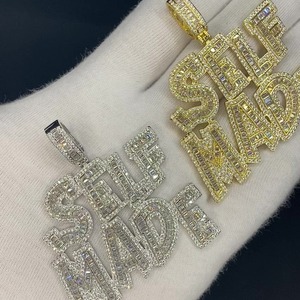 SELF Made Rhodium Plated Silver Iced Out <b>Letter</b> Pendant Necklace with Claw Setting for Men's Hip Hop Party Occasion - Product Image 4