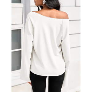 Women's <b>Off</b> <b>Shoulder</b> Long Sleeve Oversized <b>Sweatshirt</b> Solid Color Casual Pullover Autumn Wear Drop <b>Shoulder</b> Knitted Style - Product Image 4