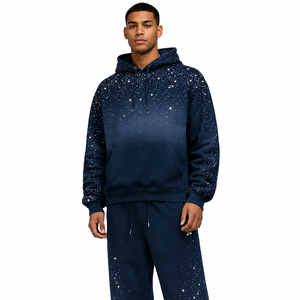 Conjuntos de Sudadera con Capucha y Pantalones Jogger de Lujo Azul Marino con Pedrería, Chándal de Forro Polar Oversize Estilo Urbano, Fabricante Mayorista OEM ODM de Marca Privada - Product Image 3