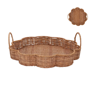 Plateau décoratif en rotin, forme florale, avec poignées, style rustique, article multifonctionnel et personnalisable - Product Image 1