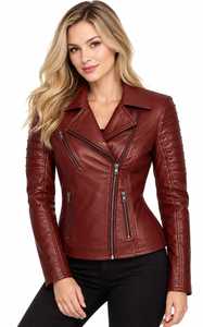 Chaqueta de Motociclista de Cuero Sintético Color Borgoña para Mujer, Cuello Camisero, Cierre de Cremallera, Corte Ajustado, Largo Regular, Color Sólido para Otoño - Product Image 2