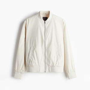 <b>Men's</b> <b>Cream</b> Bomber <b>Jacket</b> Stand Collar Zipper Closure Casual Solid Color Regular Fit - Product Image 2