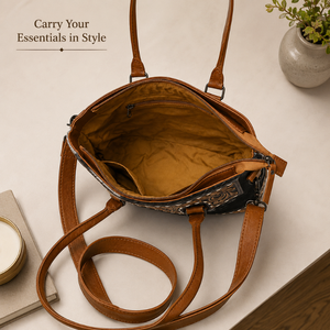 Western Hair-On Cowhide Leather Handbag Hand Tooled Floral Shoulder Bag Genuine Leather Crossbody <b>Purse</b> Women Travel Tote bag - Product Image 4