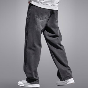 Pantalon en jean de coton délavé pour homme, coupe droite, taille élastique, décontracté, noir délavé, en toile mi-lourde, pour l'automne - Product Image 6