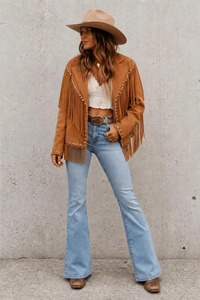 Wholesale Womens Brown Leather Fringed <b>Jacket</b> with Gold Studs Western Style Crop <b>Biker</b> <b>Jacket</b> Outerwear Supplier - Product Image 3