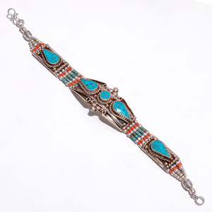 Bracelet Vintage ethnique tibétain pour femmes, bijoux à la mode, couleur Turquoise, corail, argent - Product Image 2
