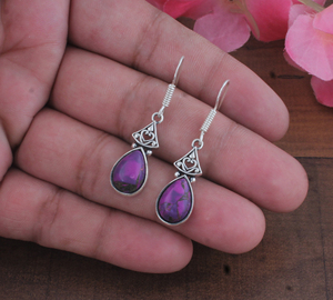 Boucles d'oreilles pendantes vintage en argent sterling, cuivre violet, jade violet, filigrane, forme goutte d'eau, coupe poire, style bohème, pour anniversaire - Product Image 1