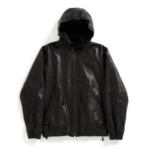 Chaqueta de Cuero Negra con Capucha para Hombre, Estilo Motociclista, Cortavientos, con Cierre y Bolsillos Delanteros, Largo Regular, para Otoño - Product Image 1