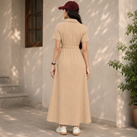 Robe maxi beige texturée à col chemise pour femme avec dentelle latérale |   Taille naturelle Manches courtes Décontracté Élégant Été Bureau Lavable