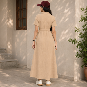 Vestido maxi beige texturizado con cuello camisero y cordones laterales para mujer |   Vestido Largo Casual Elegante de Verano para Oficina con Mangas Cortas y Cintura Ajustada - Product Image 3